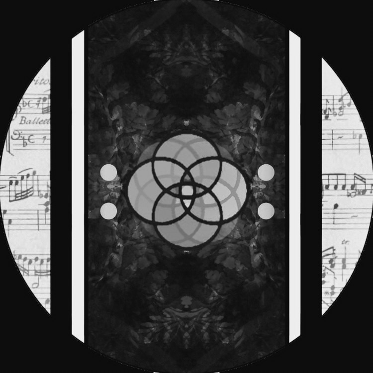 black-and-white image of plural rings enclosed by a musical repeat sign, inside a black circle and framed by some sheet music.